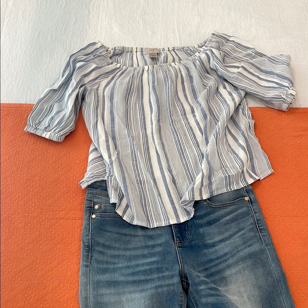 LOFT Blue and White 3/4 puff sleeve w side slits.  Can wear off shoulder.